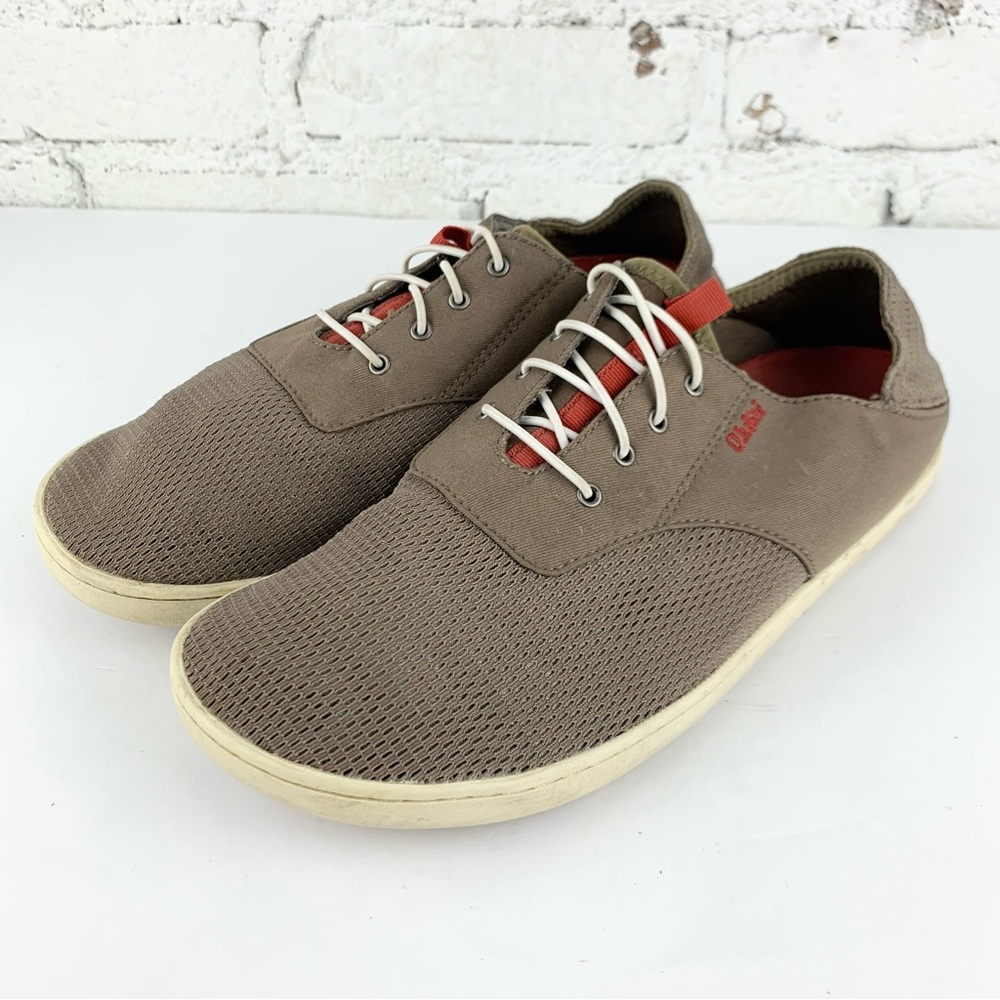 Olukai Nohea Moku Rock Grey Red Mesh Laced Sneakers Mens 9.5
